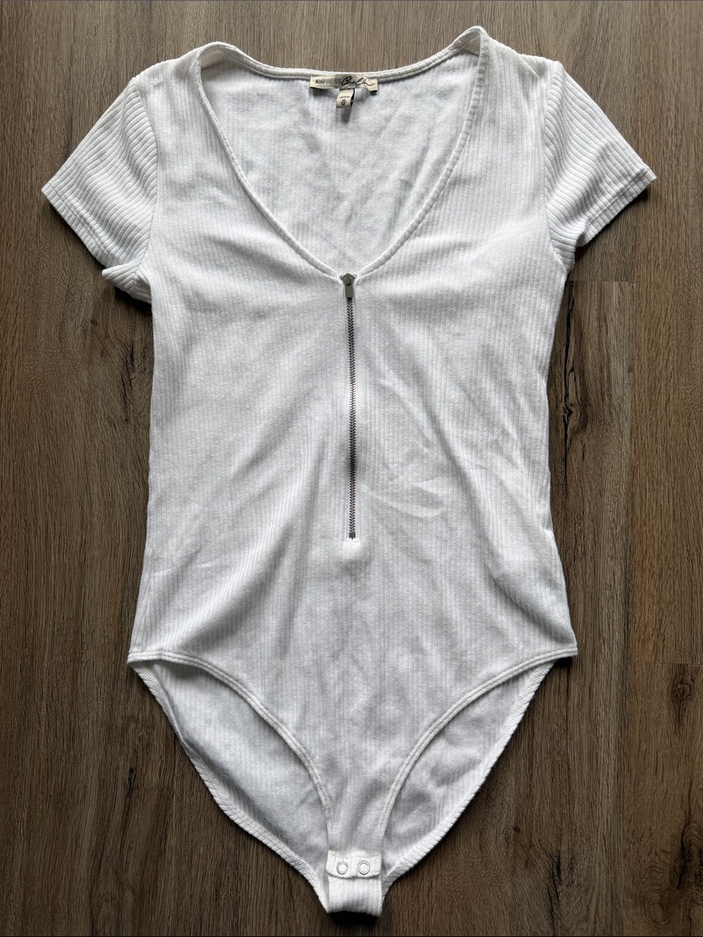Express White Ribbed V-Neck Zip Front Bodysuit